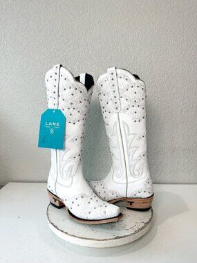 Lane Calypso White Cowboy Boots Western Cowgirl Snip Toe Mid Calf Tall Size 6.5